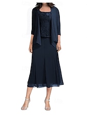 abordables Longueur du plancher-Ensembles de Robes Robe de Mère de Mariée  Élégant Simple Col carré Longueur thé Polyester Manche 3/4 avec Couleur Unie 2025