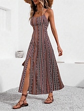 abordables Robe Boho-Femmes Robe Midi Robe Décontractée Robe d&#039;été Robe Nuisette Robe bohème Élégant Mode Moderne Quotidien Plage Week-end Coupe régulière Rayé Sans manches Col en V Rouge Vert Été