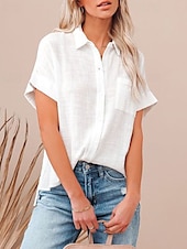economico Camicie-Per donna Camicie di cotone e lino Blusa Semplice Moderno Casual Manica Corta Colletto a Camicia Top Regolari Ferie Uscire Bottoni Tasca Nero Bianco Rosa Estate