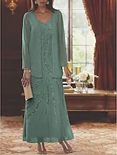 abordables Avec veste-Robe Mère de la Mariée Coupe Deux Pièces à la Plage Invité de Mariage Élégant Étincelle  Brillance Encolure en V Longueur Cheville Chiffon Sequins Manches Longues avec Sequins 2025 taille