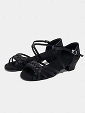 baratos Sapatos de Dança Latina-Sapatos de dança latina femininos bege com detalhe de tira trançada, design de salto baixo para apresentações de dança latina infantil
