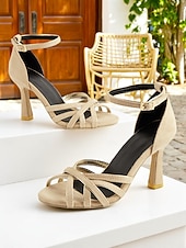 cheap Heeled Sandals-Women's Nude Suede Strappy Heels – 1950s Elegant Ankle Strap Open Toe Sandals for Wedding, Party &amp; Summer Dressy Occasions