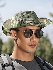 preiswerte Herrenhüte-Herren-Sonnenhut aus Camouflage-Netzgewebe mit breiter Krempe und Kinnriemen – atmungsaktiver Outdoor-Wander- und Angelhut für Sommerreisen und Camping
