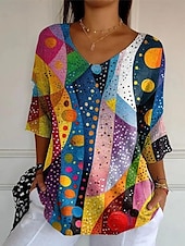 preiswerte Blumenoberteile-Damen Bluse Blumen Grafik Bohemien Tropisch Stilvoll Dreiviertelarm V Ausschnitt Normale Oberteile Täglich Blau Fuchsie Orange Sommer Frühling