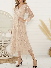 olcso Ruhák végzős bálra-A-vonal quinceanera ruhák elegáns ruha hivatalos esküvő tea hosszúságú hosszú ujjú V-nyakú pamut keverék hát nélküli csillámos flitteresen és bojtokkal