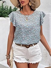 preiswerte Damen Einfache Oberteile-Damen T Shirt Blumen Mode Modern Kurzarm Rundhalsausschnitt Normale Oberteile Täglich Ausgehen Rüsche Grün Sommer