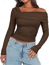 preiswerte Damen Einfache Oberteile-Damen Bluse Einfach Modern Y2K Langarm V Ausschnitt Normale Oberteile Täglich Ferien Gerafft Schwarz Weiß Rosa Kamel Braun Sommer