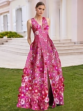 economico FLORALI-Linea ad A Abito da Sera Elegante Vestito Formale Matrimonio Lunghezza al pavimento Senza Maniche Scollo a V Raso con Ricamo Applicazioni 2025