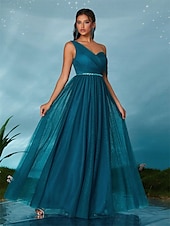 economico BLU-Abiti da festa A-Line Quinceañera Abito da festa Matrimonio Ospite di matrimonio Lunghezza del pavimento Senza maniche Scollo a V Tulle Senza schienale con Faldini