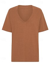 cheap Shirts-Women&#039;s Linen Shirt Blouse Plain Casual Short Sleeve V Neck Regular Tops Holiday Going out White Brown Summer