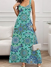 preiswerte Blumenkleider-Damen Maxikleid A Linie Kleid Sommerkleid Schulterfreies Kleid Urlaub Lässig Party Date Normale Passform Blumen Grafik Ärmellos Quadrathals Weiß Blau Grün Dunkelblau Sommer Frühling