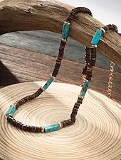 abordables Bijoux pour hommes-Collier de perles en bois naturel pour homme avec des accents turquoise, style surfeur bohème, bijoux réglables pour la plage, les festivals et les tenues décontractées