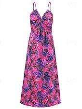 abordables Robes Floraux Imprimés-Femmes Robe Midi Robe d&#039;été Robe Nuisette Robe bohème Mode Moderne Quotidien Plage Week-end Coupe régulière Fleuri Sans manches Col en V Jaune clair Jaune Bleu Violet Été