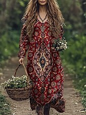 preiswerte Blumenkleid-Damen Maxikleid A Linie Kleid Sommerkleid Lässig Boho Täglich Normale Passform Blumen Grafik Paisley-Muster Langarm Einkerbiger Ausschnitt Wein Blau Purpur Fuchsie Sommer