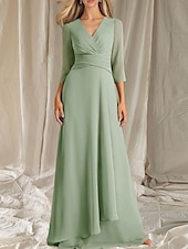 cheap Floor Length-A-Line Mother of the Bride Dress Wedding Guest Elegant V Neck Floor Length Chiffon 3/4 Length Sleeve with Tier Ruching 2025