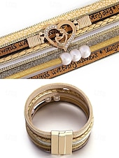 abordables Bracelet pour femme-Bracelet magnétique en similicuir pour femme – Bracelet manchette en alliage avec breloque cœur et perle et texte inspirant, bijou tendance style bohème, idéal pour la fête des mères, les anniversaires et les tenues décontractées.