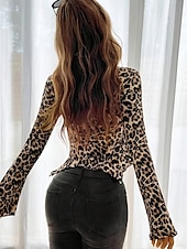ieftine tricou grafic-Pentru femei Tricou Tee Top Leopard Modă fierbinte Manșon Lung În V Crop Tops Zilnic Ieșire Cravată cu ciucuri Maro Vară Primăvară