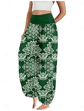 billiga Grafisk linnebyxa i bomull-Dam Linneinspirerade byxor Brett skaft Byxor Etnisk Stil Ledigt Boho Fullängd Hög midja Blommig Paisley Ficka Elastisk midja Tryck Mateial som andas Mjuk Microelastisk Utomhus Yoga Röd Blå Mörkgrön