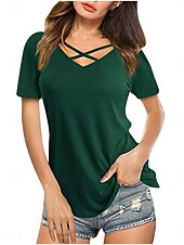 voordelige Effen t-shirt-Vrouwen T-shirt Effen Kleur Effen Mode Elegant Klassiek Korte Mouw V Hals Regular Tops Dagelijks Weekend Zwart Wit Roze Legergroen Zomer