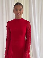voordelige Roze-A-Lijn Roze Elegante Jurk Bruiloft Bruiloft Gast Vloerlengte Lange Mouw Hoge Hals Chiffon Met Ruffles
