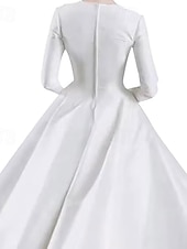 economico Abiti da cocktail-Abito da ballo Lunghezza Tè Abiti da Cocktail Abiti da festa Carino Piccoli Abiti Bianchi Manica Lunga Collo gioiello Matrimonio Invitato a matrimonio autunnale Raso con Pieghe Colore puro