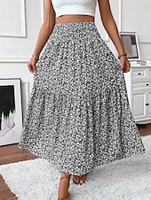 ieftine Fuste simple-Fustă pentru femei Fustă maxi A Line Modă Casual Fuste cu talie înaltă Floral Print Micro-elastic Stradă Zilnic Negru Galben Roz Verde Vară Poliester