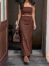 abordables Ensembles courts pour femmes-Femmes Mode Streetwear Ensembles en coton et lin Jupe Ensembles Sans manches Bretelle Uni Dos nu Fête Week-end Marron Été Coupe régulière