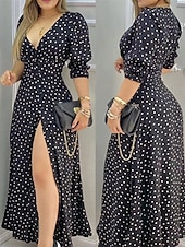 abordables Robe Simple-Femmes Robe Longue Maxi Robe Robe Décontractée Robe d&#039;été Élégant Mode Extérieur Fête Date Coupe régulière À pois manche longue Col en V Noir Rouge Bleu Été Printemps