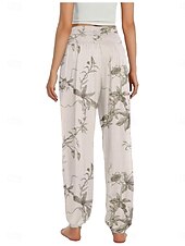 billiga Grafisk linnebyxa i bomull-Dam Linneinspirerade byxor Brett skaft Byxor Etnisk Stil Ledigt Boho Fullängd Hög midja Blommig Ficka Elastisk midja Tryck Mateial som andas Mjuk Microelastisk Utomhus Yoga Vit Gul Rosa Purpur Sommar