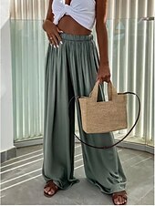 お買い得  パンツ-女性用 ワイドレッグ パンツ ストリートファッション カジュアル ロング丈 ハイウエスト 平織り 弾性巾着デザイン ハイカット 通気性 ソフト マイクロエラスティック バケーション ストリート デイリーウェア ブラック ライトグリーン ルビーレッド ネイビーブルー 夏 レギュラー