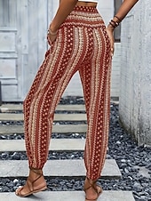 preiswerte weites Bein und hohe Taille-Damen Jogginghose Hosen Hose Urlaub Boho Volle Länge Mittlere Taille Geometrisch Elastischer Bund Atmungsaktiv Bequem Mikroelastisch Straße Alltagskleidung Ausgehen Dunkelbraun Weiß Rot Dunkelgrün