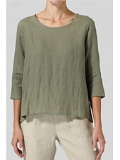 abordables Chemises-Femmes Chemisier Chemises en coton et lin Uni Basique Occasionnel Manche 3/4 Col ras du cou Hauts Réguliers Quotidien Fête Sortir Noir Blanche Rose Claire Vert Véronèse Gris Été