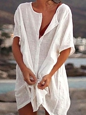 abordables Robes-Femmes Mini Robe Robe en coton et lin Classique Vacances Quotidien Fête Coupe régulière Uni Manche Courte Col en V Blanche Jaune Rose Claire Été