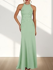 economico Abiti da damigella-Abito da damigella a sirena / tromba, scollo a giro / collo all&#039;americana, senza maniche, elegante, in chiffon con strascico a ruota e applicazioni 2025