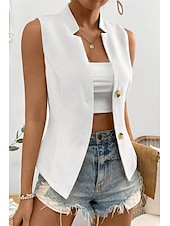 billige Enkel tank topp-Dame linskjorte Bluse Bomull lin vest عادي Fritid Ermeløs V-hals Vanlige topper Daglig Ut på byen Knapper Svart Hvit Champagne Sommer