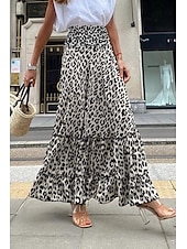 levne Grafické sukně-Dámské Sukně Čechy Módní Cikánský Maxi Střední vzestup Sukně Leopard Tisk Lehce elastické ulice Běžné / Denní Černá Léto Polyester