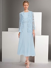 cheap With Jacket-Blue Pink Two Piece A-Line Dress Sets Mother of the Bride Dress Elegant Crew Neck Ankle Length Chiffon Long Sleeve Jacket Dresses with Lace Embroidery 2025