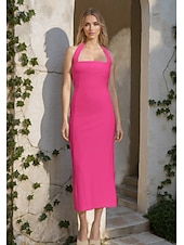 abordables Vestidos de cóctel-Vestidos de cóctel color amarillo mantequilla estilo sheath  columna elegante vestido semi formal de boda longitud té sin mangas cuello halter de crepé elástico sin respaldo