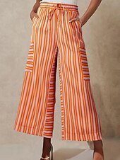 abordables jambe large et taille haute-Femmes Slacks Pantalons Streetwear Occasionnel Longueur complète Naturel Rayé Avec Poches Conception à cordon élastique Confortable Extérieur Rue Sortir Rouge orangé Bleu ciel clair Marine fonc
