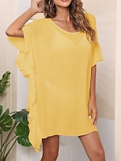 abordables Robes de plage-Maillots de Bain Femme Couverture Robe de Bain Maillot Volants Vacances Plage Tenue Couleur Unie Col Rond Manches Courtes Maillots de Bain