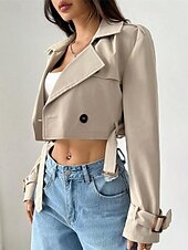 billige aktiv jakke-Dame Frakk Trenchcoat Bekvem Knapper Elegant Mote Utendørs Helfarge Ut på byen Fritid / hverdag Helg Enkeltkneppet Kort Knaphul Normal Langermet Yttertøy Aprikos Vår Høst