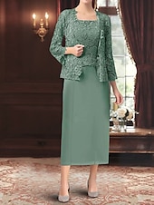 economico Sotto 129,99 $-Set di Abiti Madre della Sposa Abito da Ospite Matrimonio Elegante Semplice Collo Ampio Lunghezza Totale Poliestere Manica Lunga con Colore Solido