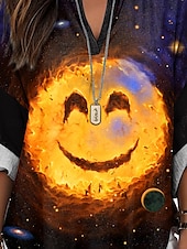 economico Top d&#039;Arte e Design per Donne-Galaxy Smile di Vincent Hie Blusa da Donna Maniche Lunghe Tunica Tops Graphic Geometrico Vintage Giornaliero A V Regular Tops Stampa Giornaliera Gialla Estate Primavera