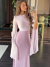preiswerte BLAU-A-Linie Partykleider Elegant Kleid Formell Hochzeit Bodenlang Langarm Rundhalsausschnitt Satin mit Stickerei 2025