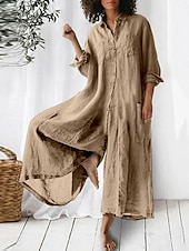 preiswerte Schlichte Hose aus Baumwollleinen-Damen Jumpsuit Aktiv Einfarbig Langarm Weit Bein Hemdkragen Knöpfe Tasche Urlaub Täglich Reguläre Passform Armeegrün Marineblau Khaki Sommer