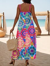 tanie Sukienki boho-Damskie Sukienka maxi Sukienka A line Sukienka na ramiączkach Urlop Codzienny Boho Plaża Regularny Kwiaty Graficzny Bez rękawów W serek Cienkie ramiączka Czerwony Niebieski Zielony Lato Wiosna