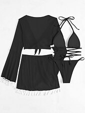 billiga Bikiniset-Kvinnors baddräkter bikini kjol baddräkt rygglös smal frans semester strandkläder enhetlig färg halterneck långärmad baddräkt