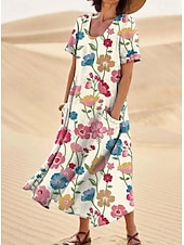 economico Abito Floreale-Per donna Abito maxi Abito a Tubino Abito a trapezio Vacanza Casual Boho Uscire Vestibilità standard Floreale Grafico Senza Maniche Collo a U Bianco Rosso Blu Arancione Estate Primavera
