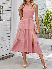 abordables Robes-Femmes Robe Midi Robe Blanche Robe en coton et lin Mode Moderne Extérieur Vacances Anniversaire Coupe régulière Uni Sans manches Une Épaule Rose Claire Noir Blanche Vert Véronèse Été