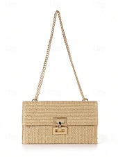 preiswerte Umhängetaschen-Damen-Umhängetasche aus gewebtem Stroh mit goldenem Kettenriemen – elegante Sommer-Clutch für Strand-, Urlaubs- und Resort-Outfits